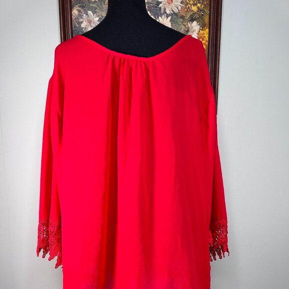Unique Spectrum Blouse Top Women's 3X Boat Neck 3/4 Sleeve Red Lace Hem Casual - Picture 3 of 13